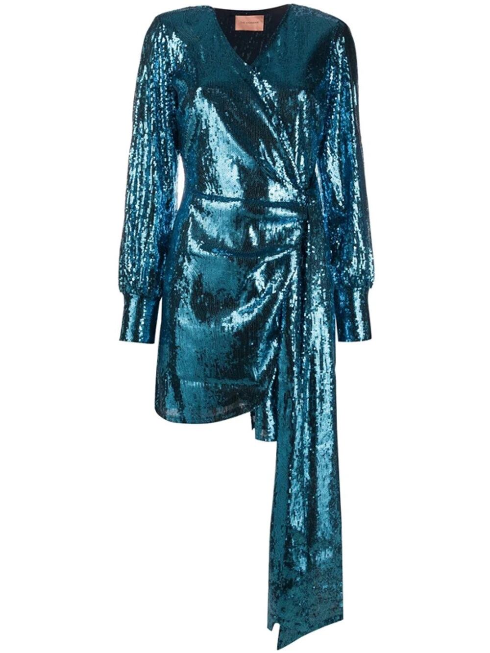 THE ANDAMANE Carly Sequins Wrap Mini Dress Size XS in Blue Jeans NWOT